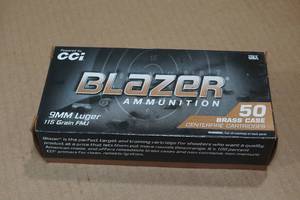 lot 358 image: 50 CCI Blazer Brass 9mm 115 Gr FMJ Ammo