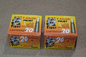 lot 376 image: 40 Golden Tiger 7.62x39mm 124Gr FMJ BT Steel Case Ammo