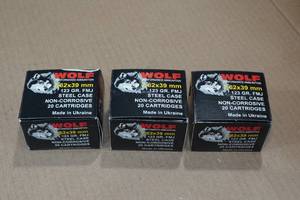 lot 378 image: 60 Wolf 7.62 x 39mm 123 Gr FMJ Steel Case Ammo
