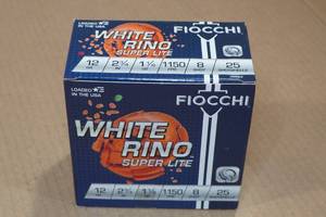 lot 416 image: 25 Fiocchi White Rino 12 Gauge 2-34 8 Shot Shotshells