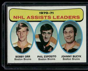 lot 123B image: Bobby Orr  Phil Esposito  Johnny Bucyk  1970 Topps #2 Boston Bruins Hockey Card