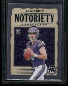 lot 132 image: J.J. McCarthy RC   2024 Panini Mosaic Notoriety #21 Minnesota Vikings Football Card