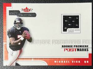 lot 19A image: Michael Vick RC Jersey Relic 1775 2001 Fleer Hot Prospects Rookie Premier Post Marks