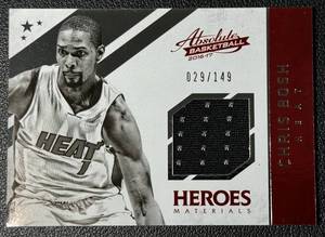 lot 26A image: Chris Bosh Game Worn Relic 149 2017 Absolute Heroes #38, Numbered 029149, Basketball Card