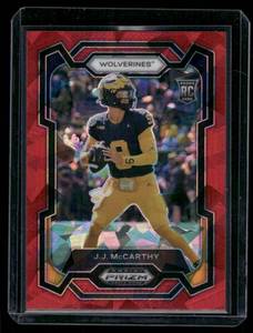lot 13B image: J.J. McCarthy RC 2024 Prizm Draft Picks Red Cracked Ice #132 Minnesota Vikings Football Card