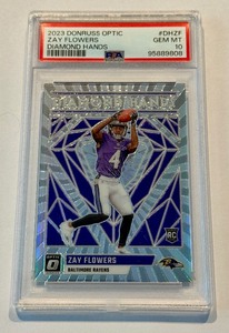 lot 10C image: Zay Flowers PSA 1 Gem Mint RC 2023 Donruss Optic Diamond Hands #DHZF Rookie Football Card