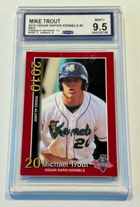 lot 15C image: Mike Trout Pre-Rookie Minor League Graded 9.5 Mint 2010 Cedar Rapids Kernels #2 Red Baseball Card