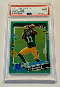 lot 39C image: Jayden Reed PSA 9 Mint 2023 Donruss Optic Green Hyper Green Bay Packers Football Card