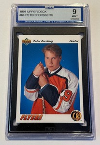 lot 57C image: Peter Forsberg RC Graded 9 Mint 1991 Upper Deck #64 Rookie Hockey Card