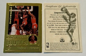 lot 74C image: Michael Jordan 22 Karat Gold Card 1999 Upper Deck Retirement Rookie Card 1985-85 Basketball