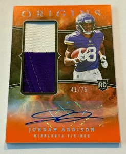 lot 6C image: Jordan Addison RPA 75 2023 Origins #RJJA-JA w Nasty Patch Numbered 4175 Rookie Minnesota Vikings Football Card