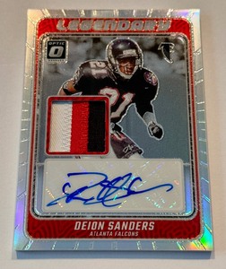 lot 7C image: Deion Sanders Auto Tri-Color Patch 25  2023 Donruss Optic Legendary Prizm #LP-DS, Numbered 1225, Football Card