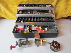 lot 110 image: Vintage Fishing Reels with Tackle Box