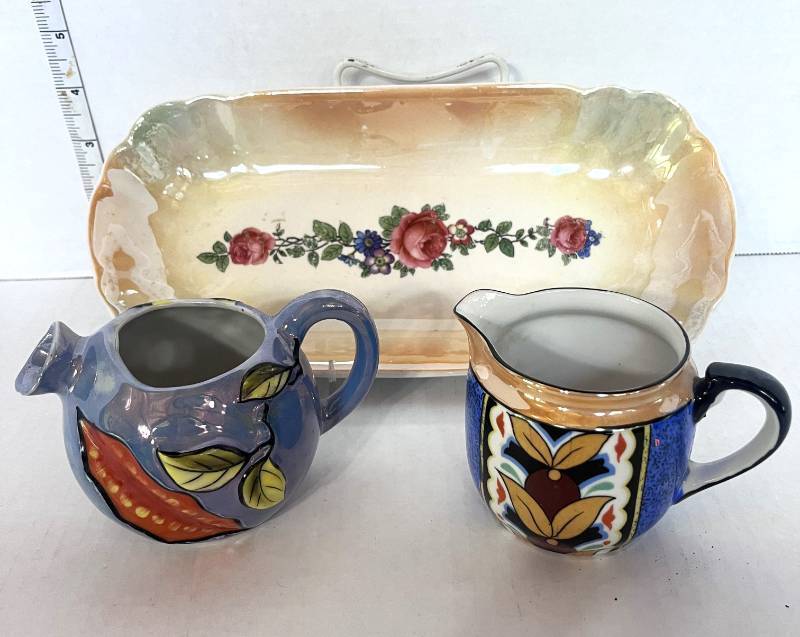 lot 24 image: 3 Vintage Pieces Sadler Cobalt Blue Creamer,  Celery Dish and Lusterware Creamer