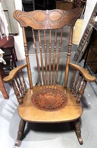 lot 21 image: Ornate Antique Rocker with Original Leather Seat