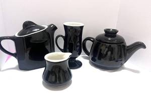 lot 57 image: Frankoma Tea Pot, Black and White Teapot, Creamer and Espresso Cup