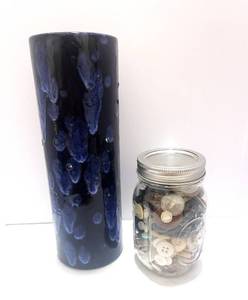 lot 86 image: Vintage Ceramic Blue Vase and Jar of Buttons