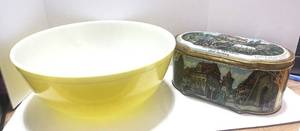 lot 87 image: Pyrex Bowl and German Cracker Tin