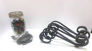 lot 89 image: 6 Antique Metal Pulls, Jar of Marbles and Three Metal Hangers