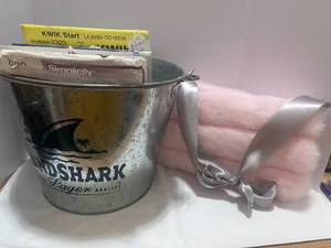 lot 90 image: Bucket of 13 NOS Iron on Transfers and Patterns and Handmade Pink Purse