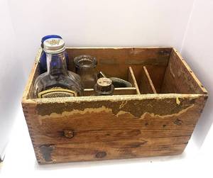 lot 98 image: Vintage Wood Ink Box with Misc. Bottles and Pitcher
