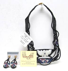 lot 41 image: Hand Woven Necklace & Earring Set wAmethyst & Opal Beads & Antique Jade Flower - by Sally Smith
