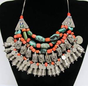 Wonderful Old Ornate Ladakh Necklace w/Turquoise Coral &amp; Old Silver Coins