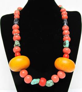 Excellent Large Tribal Necklace w/ Coral Amber &amp; Turquoise