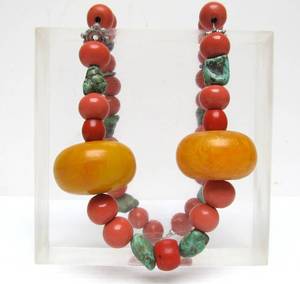 Excellent Large Tribal Necklace w/ Coral Amber &amp; Turquoise