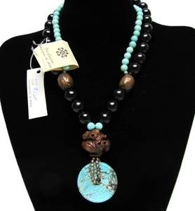 lot 8 image: New with Tags Hand Carved Stone Beaded Pendant Necklace