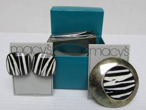 lot 19 image: Group of Brand New Large Sterling Silver & Zebra-Striped Bracelet Earrings & Brooch