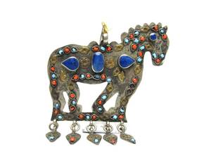 lot 24 image: Lovely Large Silver Turkoman Horse Pendant wLapis