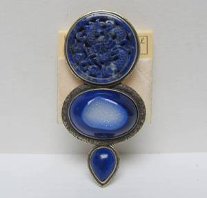 lot 64 image: Large & Beautiful Sterling Silver Brooch Pendant wCarved Lapis, Agate Drusy by Amy Kahn Russell 