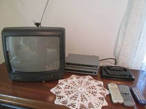 lot 223 image: Small Funai tube TV with rabbit ear...