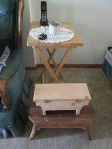 lot 244 image: Wood TV tray, vintage wood foot sto...