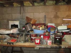 lot 96 image: Workbench filled with tools, hardwa...