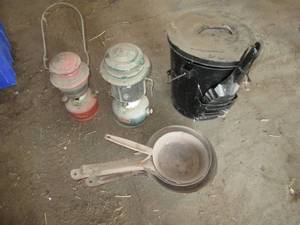 lot 126 image: Vintage lanterns, pans and a coal b...