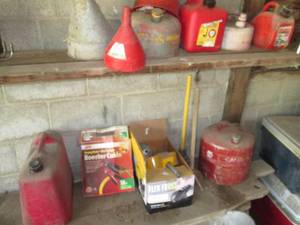 lot 134 image: Lot of gas cans, jumper cables, fun...