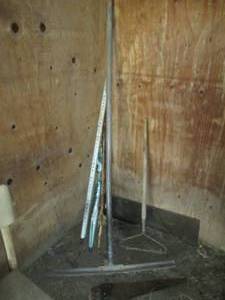 lot 154 image: Lot of rakes, a saw, umbrella and m...