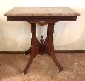 lot 21 image: Antique Victorian Eastlake Cherrywood Table with Marble Top