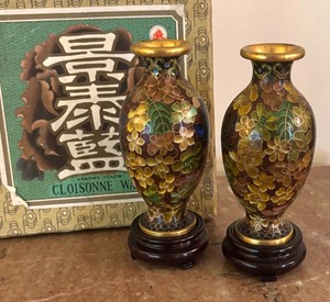 lot 26 image: Two Vintage Brass Accented Cloisonn Ware Vases with Bases
