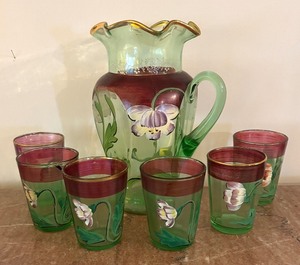 lot 28 image: Antique Green Glass Pitcher with 5 Matching Tumblers, Floral Design