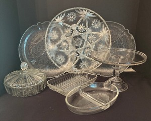lot 129 image: Crystal and Clear Glass Platters, Pedestal Cake Plate, Covered Candy Dish and More