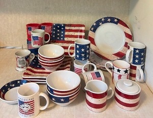 lot 141 image: Amazing Variety of America Red, White and Blue Plates, Bowls and Cups