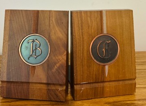 lot 108 image: Vintage Park Sherman Bookends Brass Monogrammed MCM Mid Century Modern