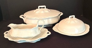 lot 134 image: Vintage White Covered Serving Dish, Gravy Boat and Butter Dish by Racine and Pope-Gosser