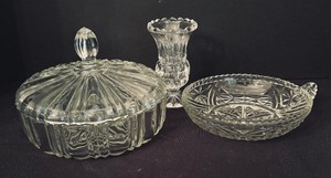 lot 218 image: Crystal and Clear Glass Covered Candy Dish, Vase and Dish