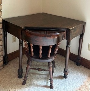 lot 50 image: Vintage Ethan Allen Dark Wood Corner Desk with Matching Chair with a Spindle Back