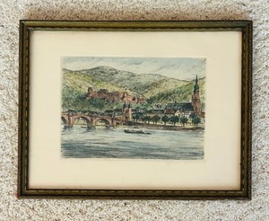 lot 53 image: Framed Vintage Print of Heidelberg, Germany   Colored Etching View of Heidelberg Signed