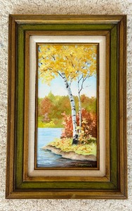 lot 56 image: Original Oil Painting on Board, Titled Autumn Birch Trees by the Lake, by Artist C. Mattison